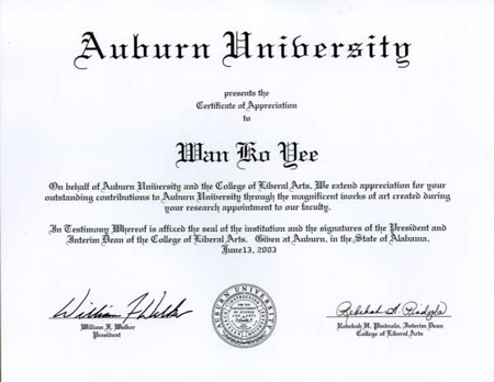 Certificate of Appreciation issued by Auburn University to honor H.H. Dorje Chang Buddha III while His Holiness the Buddha was a professor at the university