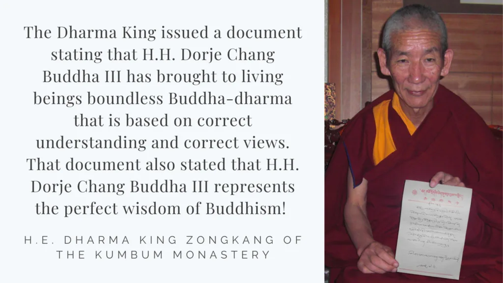 Recognitions and Congratulations to H.H. Dorje Chang Buddha III from H.E. Dharma King Zongkang of the Kumbum Monastery