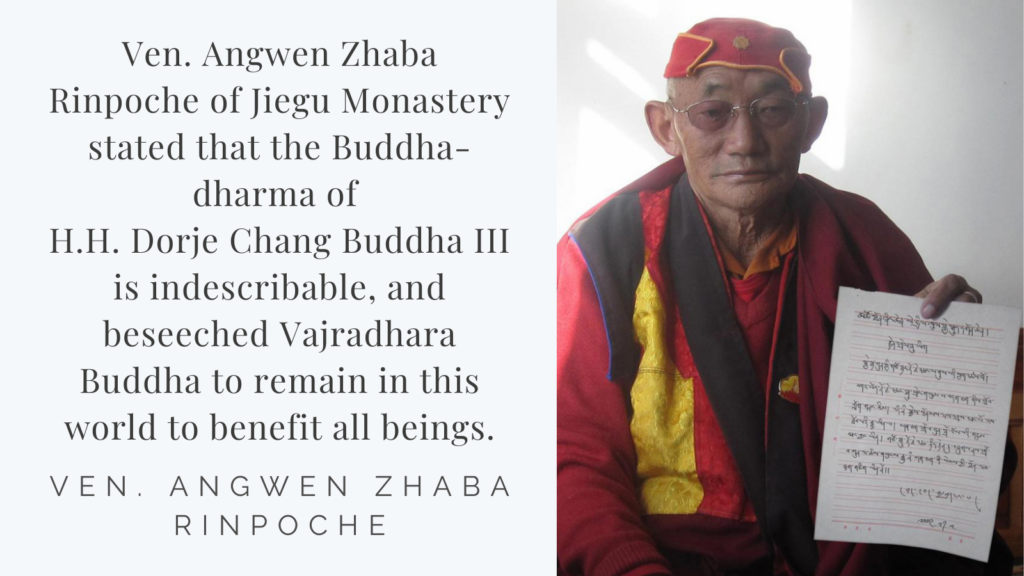 Recognitions and Congratulations to H.H. Dorje Chang Buddha III from Ven. Angwen Zhaba Rinpoche