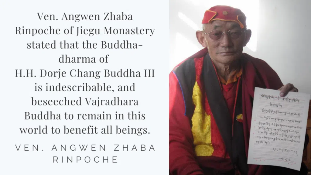 Recognitions and Congratulations to H.H. Dorje Chang Buddha III from Ven. Angwen Zhaba Rinpoche