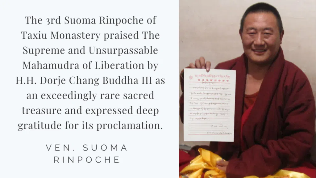 Recognitions and Congratulations to H.H. Dorje Chang Buddha III from Ven. Suoma Rinpoche