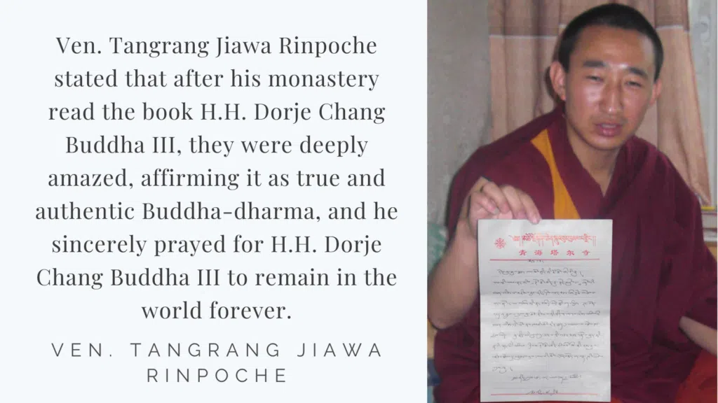 Recognitions and Congratulations to H.H. Dorje Chang Buddha III from Ven. Tangrang Jiawa Rinpoche