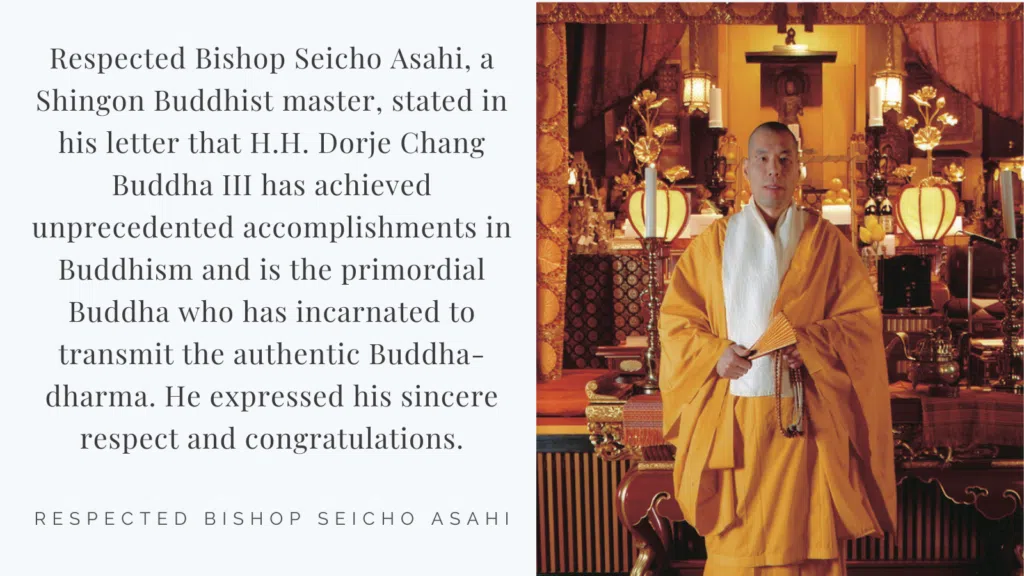 Recognitions and Congratulations to H.H. Dorje Chang Buddha III from Respected Bishop Seicho Asahi
